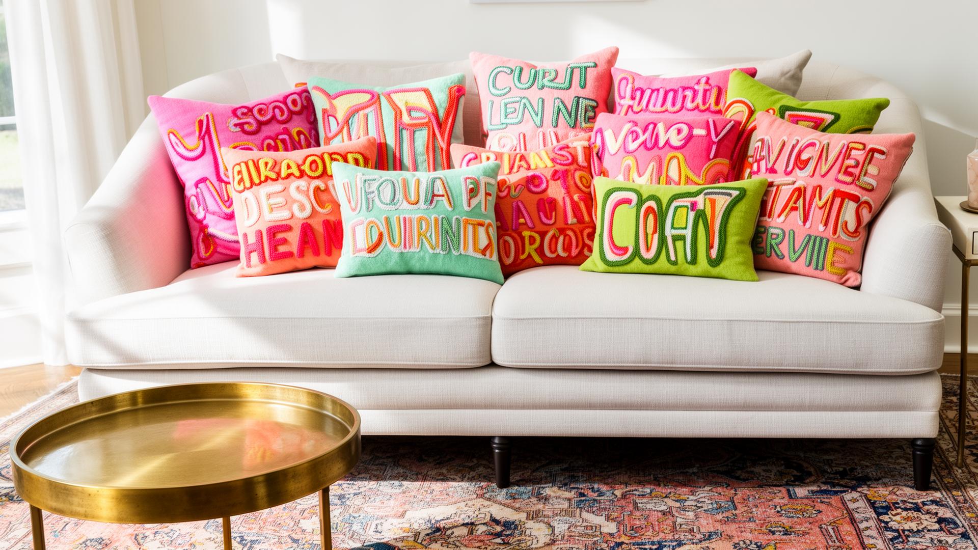 Statement pillows styled on a velvet sofa